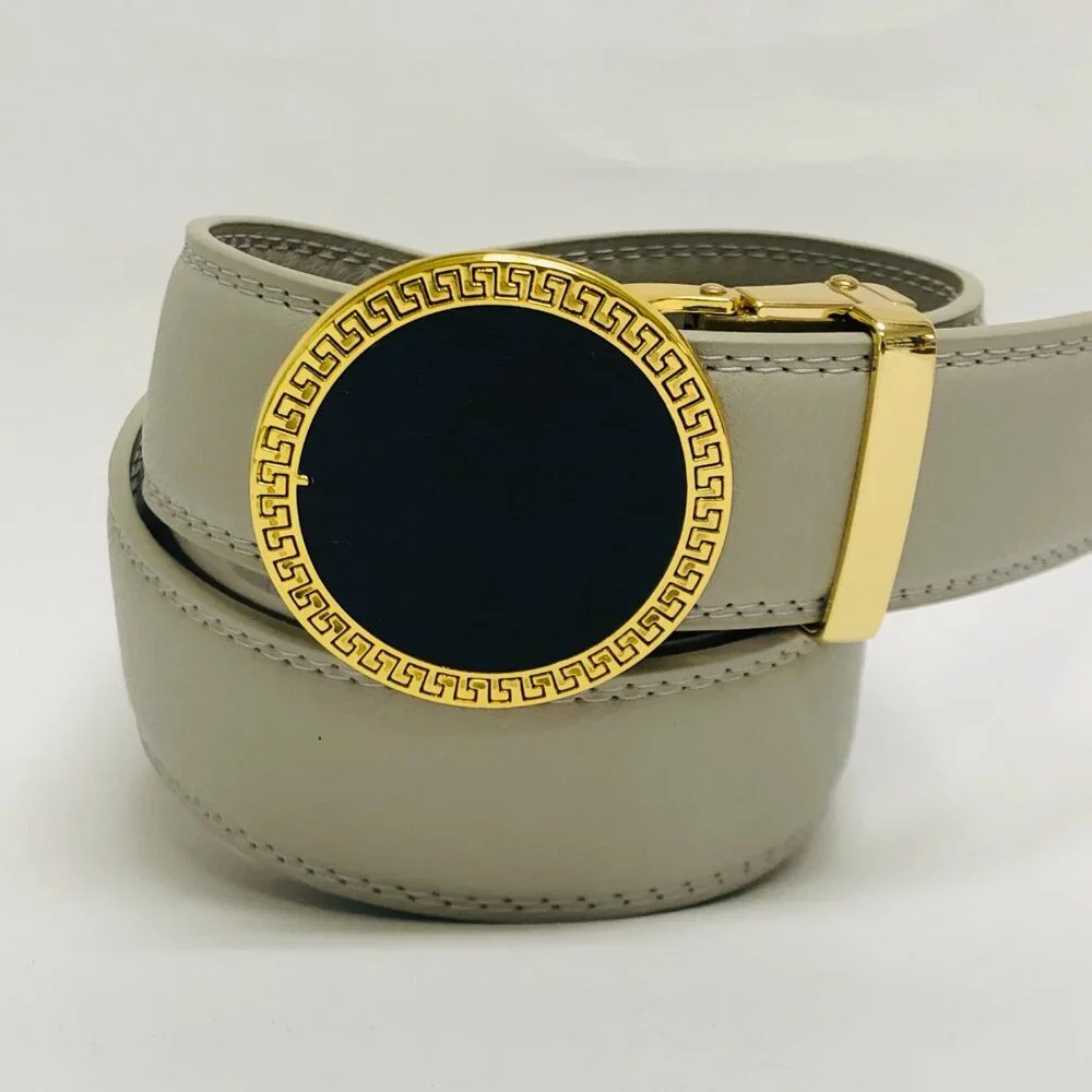 Gray Leather Belt Automatic Buckle Slide Belts NoHole Strep Ratchet Men ALL SIZE